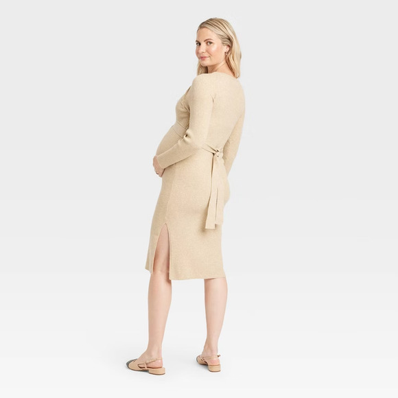NWT Ingrid & Isabel Maternity Ribbed Knit Tie Waist Midi Dress Beige XXL - Picture 2 of 10